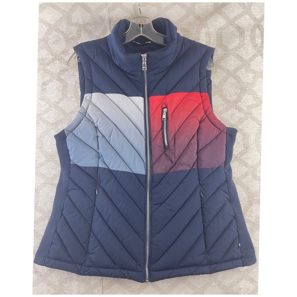 Tommy Hilfiger Women Quilted Puffer Vest Colorblock Full Zip Navy Red Gray Large - Picture 7 of 8